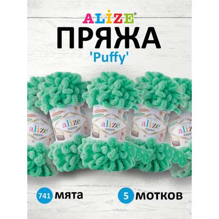 Пряжа для вязания Alize puffy 100 г 9 м микрополиэстер фантазийная плюшевая 741 мята 5 мотков