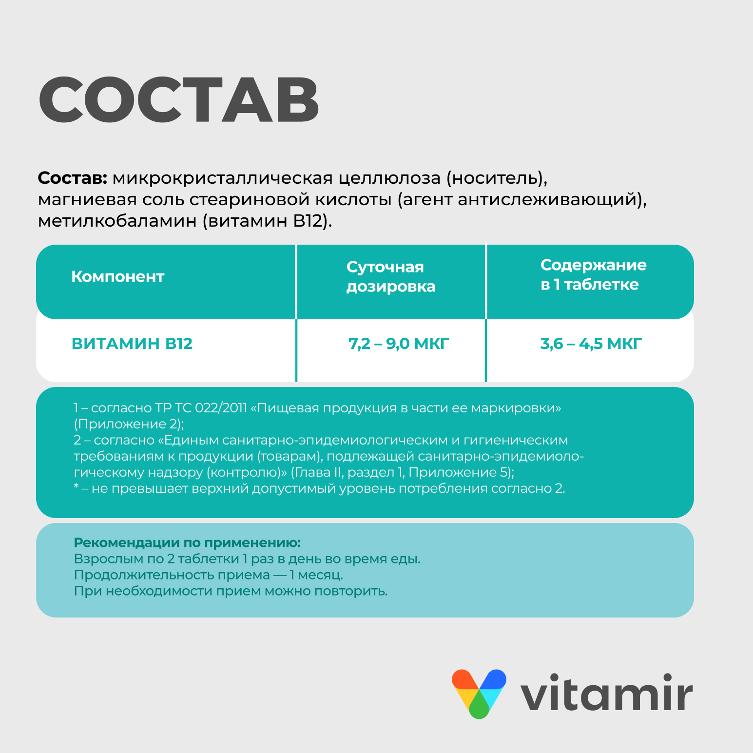 БАД VITAMIR Витамин В12 метилкобаламин 90 таб - фото 5