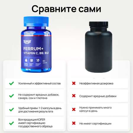Витамин железо В9 KOFER с витамином В12 и витамином С 60 капсул