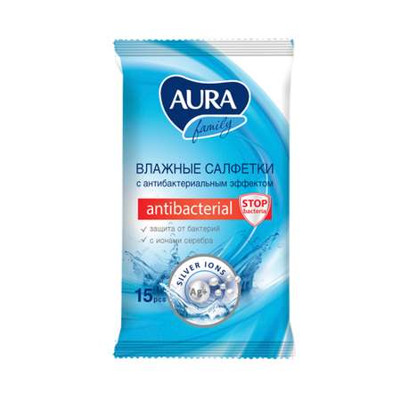 Влажные салфетки AURA Antibacterial Family 15 шт