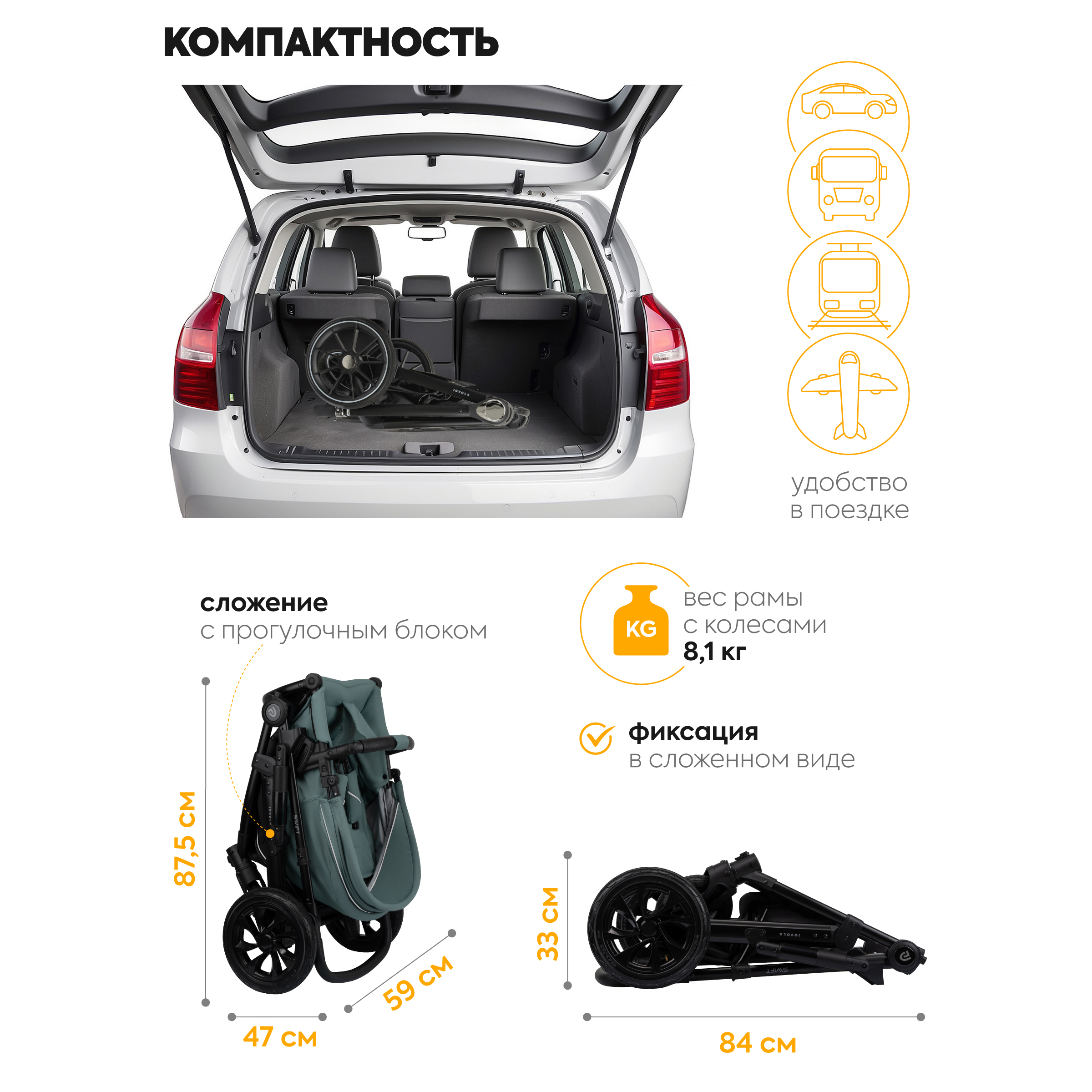 Коляска для новорожденных 3 в 1 JOVOLA Swift универсальная всесезонная с автолюлькой зеленый - фото 13