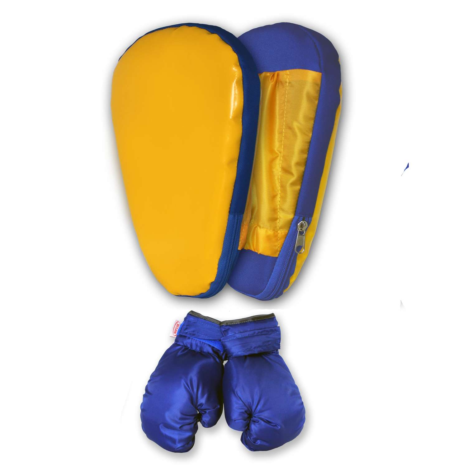 Детский набор для бокса Belon familia лапа боксерская 27х18 х 4см с перчатками цвет желтый синий - фото 1