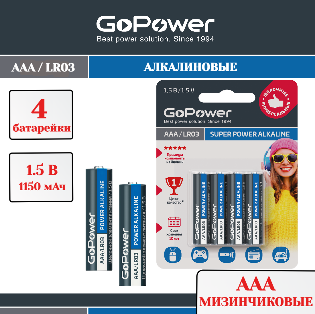 Батарейка 4шт GoPower Батарейка GoPower LR03 AAA BL4 Alkaline 1.5V - фото 1