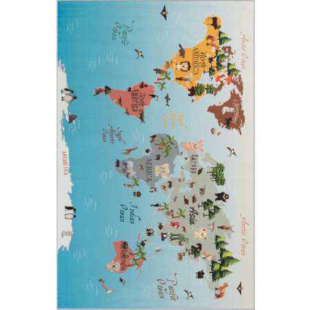 Ковер комнатный детский KOVRIKANA карта мира развивающий голубой материки 120см на 175см