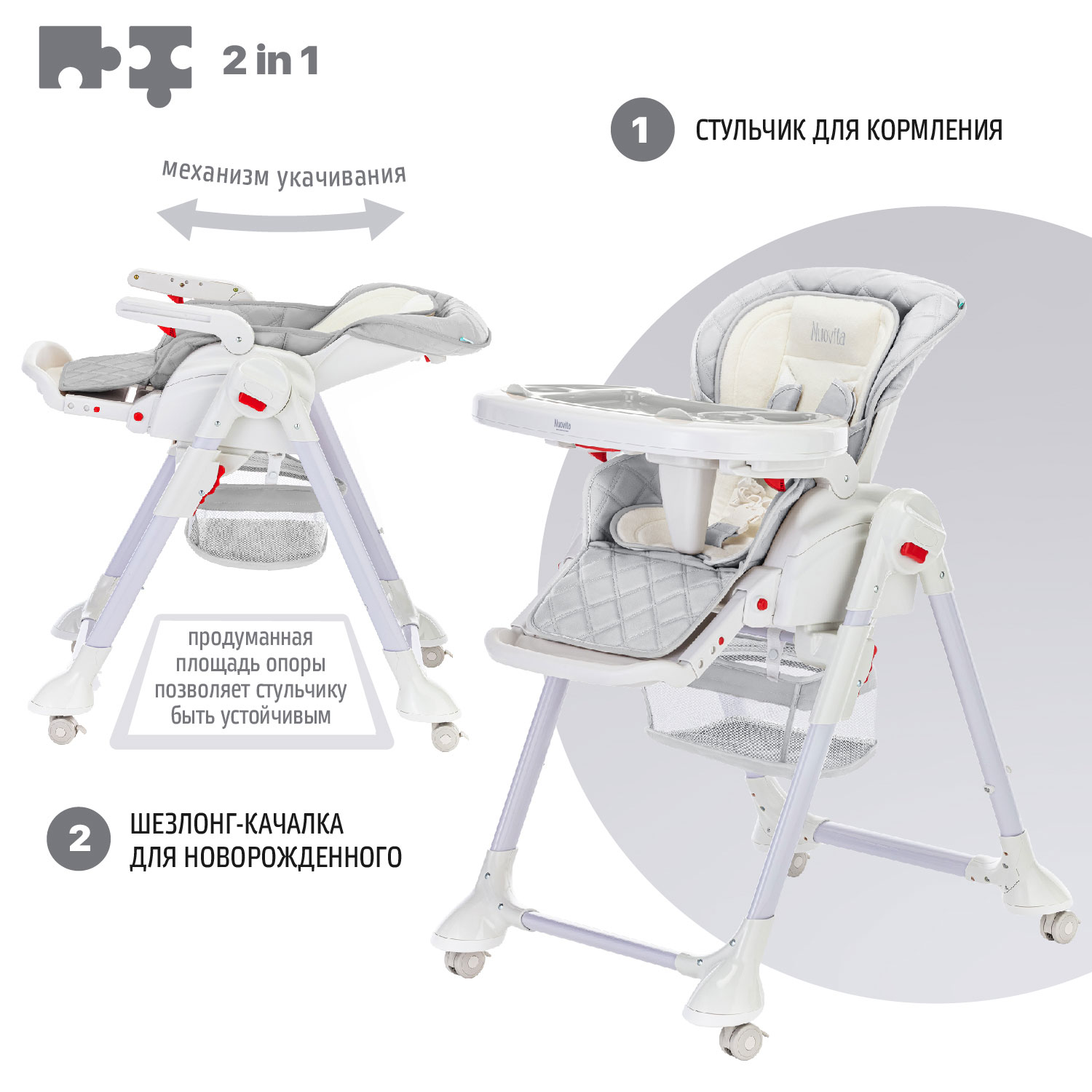 Стул-шезлонг для кормления Nuovita Tutela со стежкой Серый - фото 3