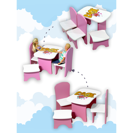 Набор деревянной мебели ViromToys для кукол бело-розовый с мишкой