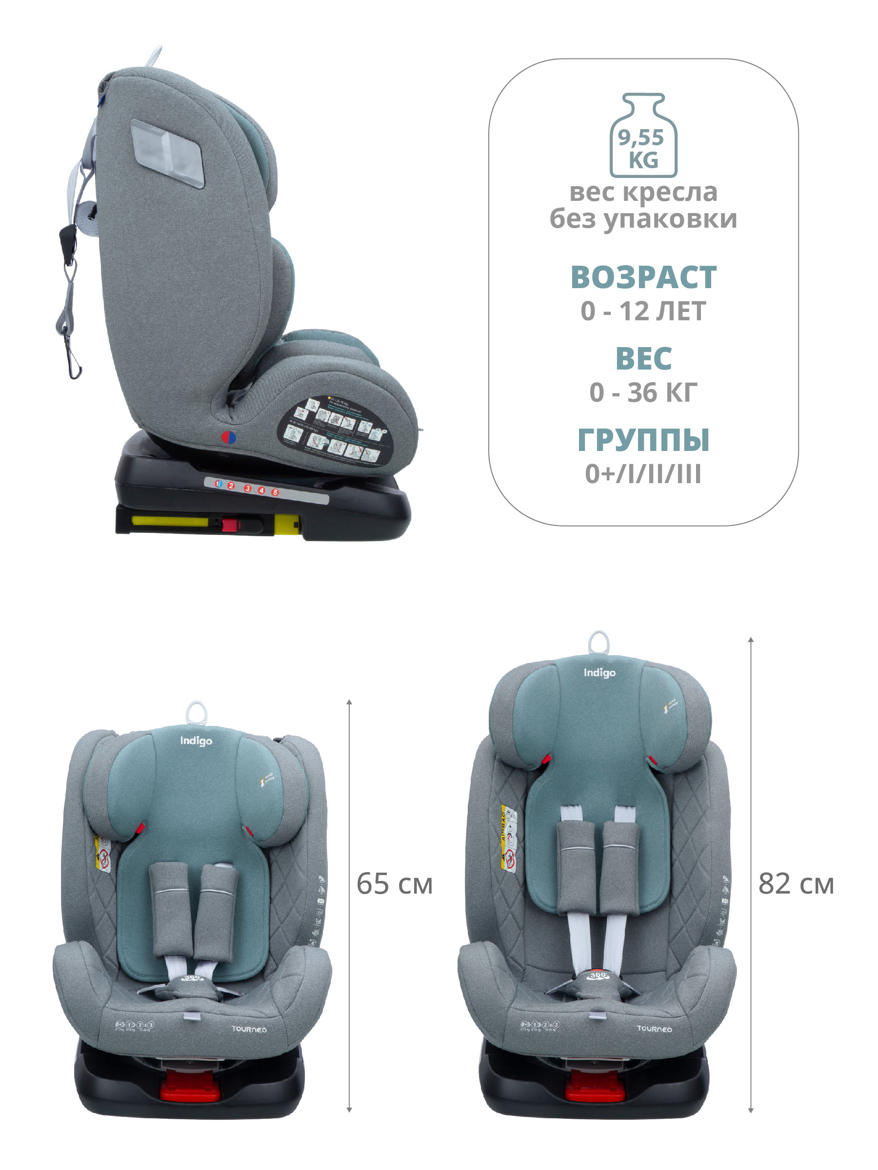 Автокресло Indigo TOURNEO ISOFIX группа 0+1+2+3 (0-36 кг) серый-зеленый - фото 10