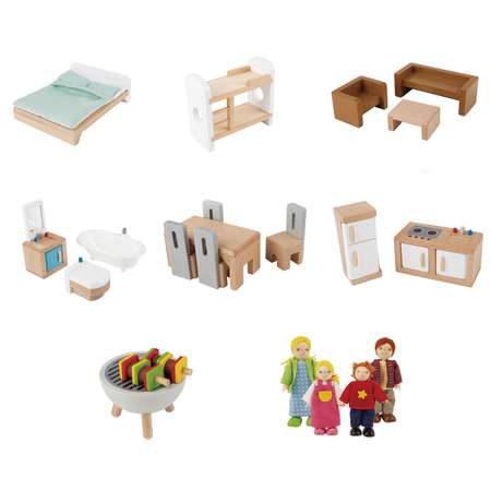 Кукольный домик Hape Семейный особняк с мебелью 29 предметов с 4 куклами свет звук E3405_HP