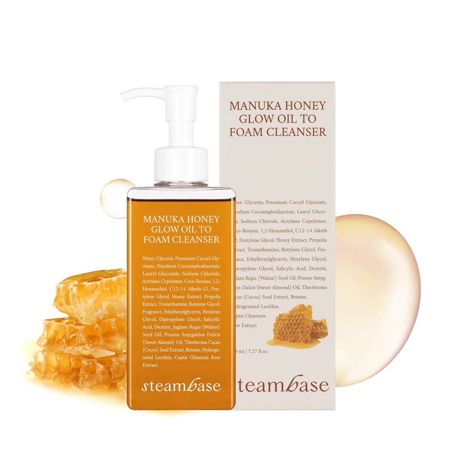 Очищающее средство для лица 2в1 STEAMBASE Manuka Honey Glow Oil To Foam Cleanser пенка + гидрофильное масло, 215 мл - фото 1