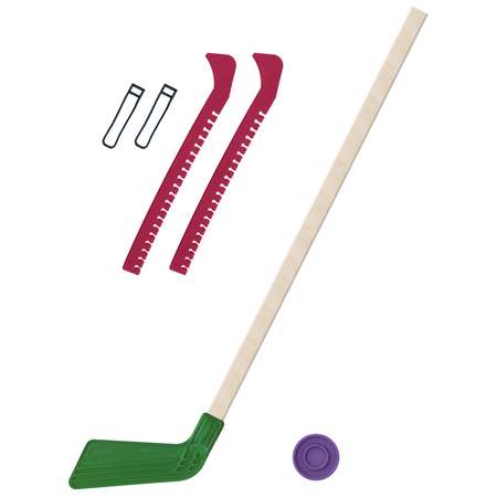Набор для хоккея Задира Клюшка хоккейная детская зелёная 80 см + шайба + Чехлы для коньков красные