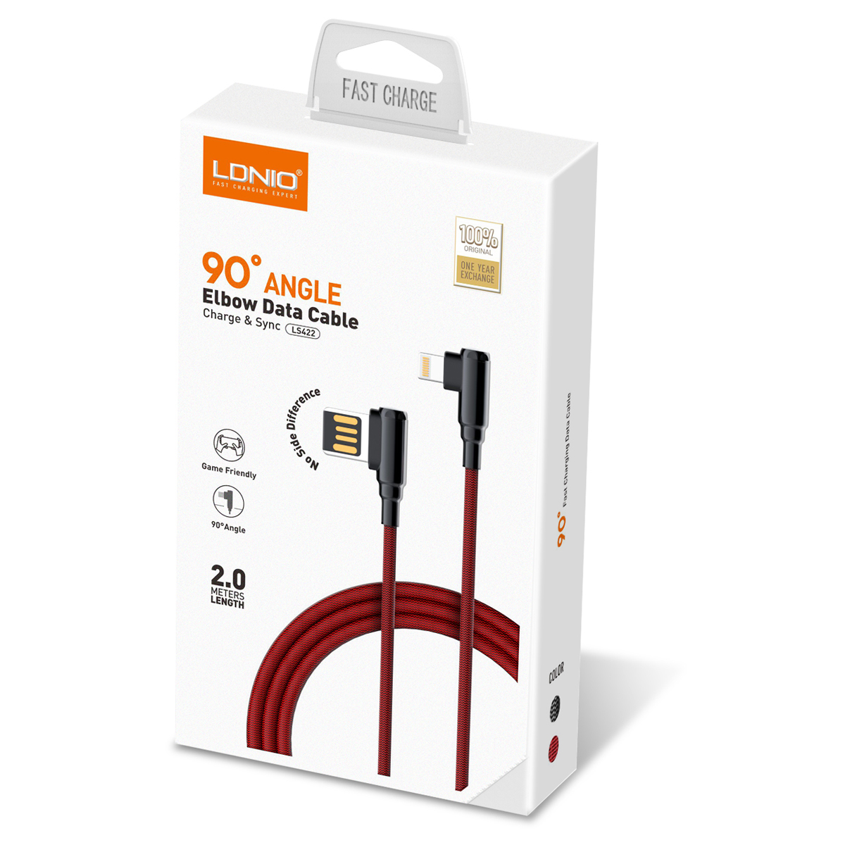 Кабель LDNIO LS422/ USB Type-C/ 2m/ 2.4A/ медь: 120 жил/ Угловой коннектор/ Нейлоновая оплетка/ Red