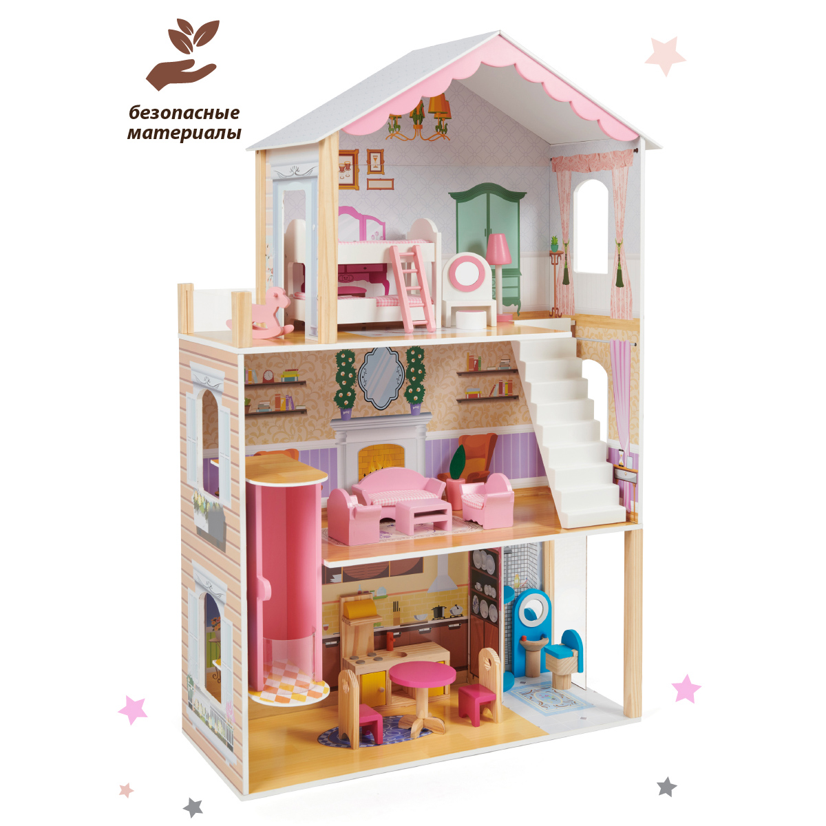 Кукольный домик Lisa Doll деревянный 3 этажа с мебелью 17 предметов 130440 - фото 9