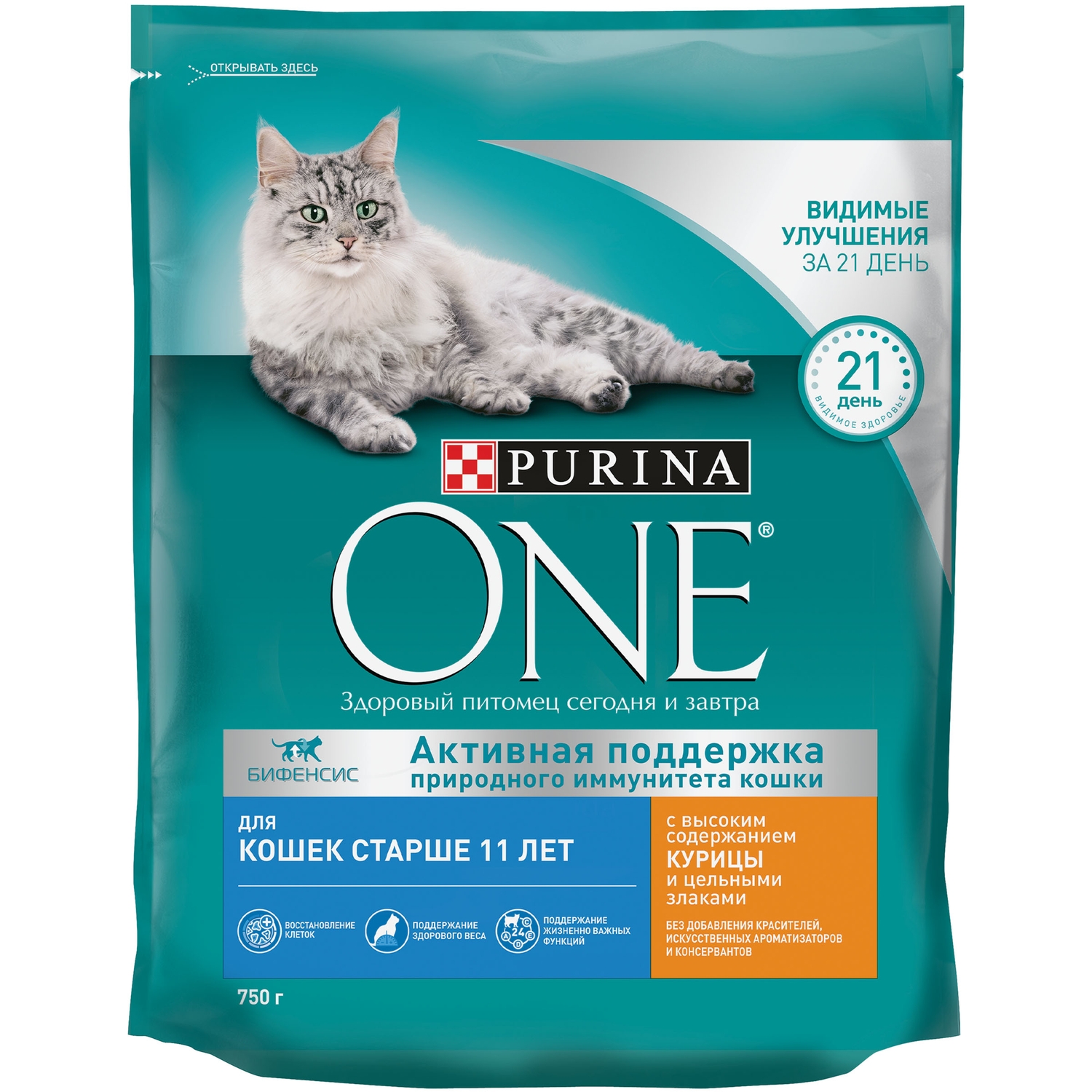 Purina One Сухой корм для кошек старше 11 лет с курицей и цельными злаками (750 г)