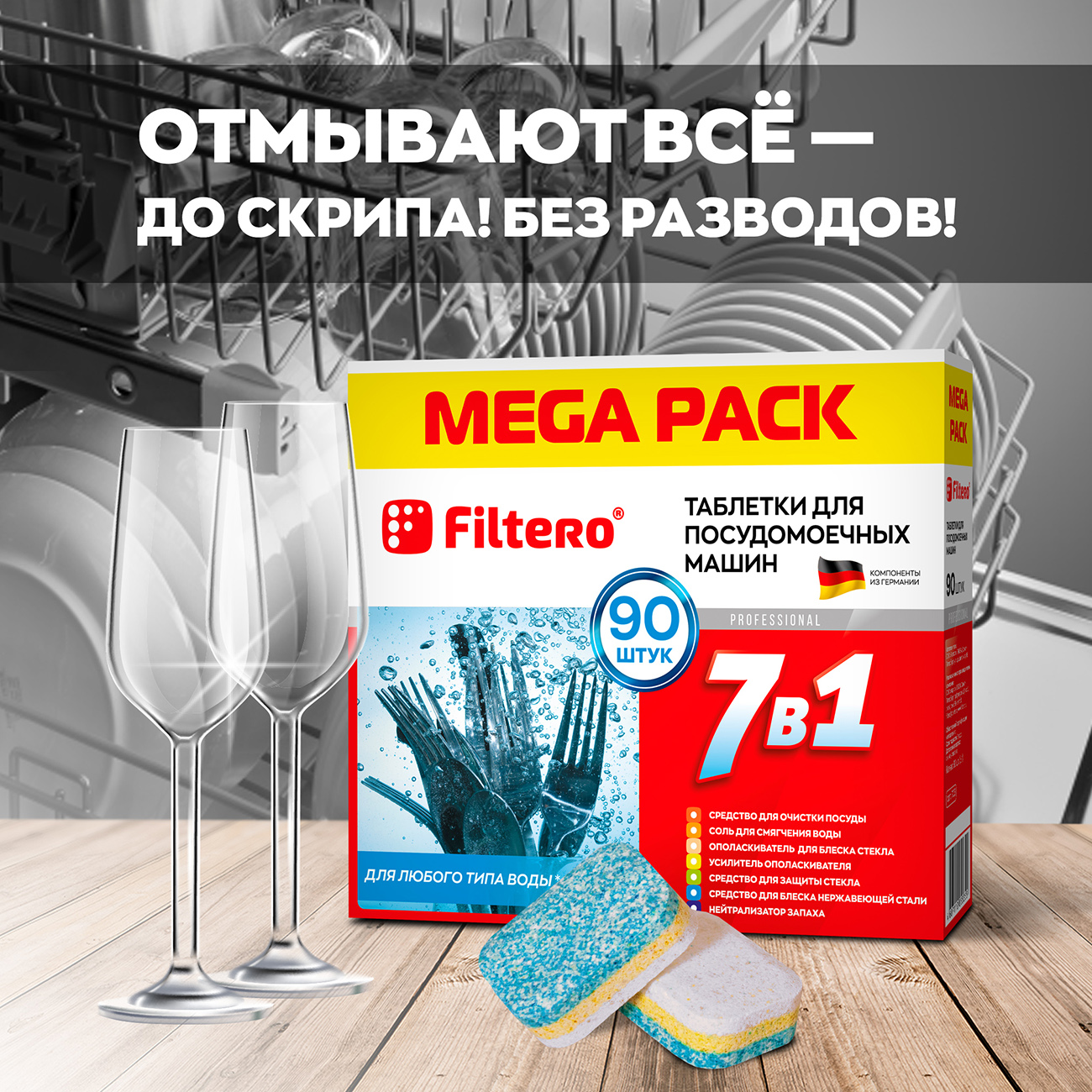 Таблетки Filtero для посудомоечной машины 7 в 1 90шт mega pack купить по  цене 1089 ₽ в интернет-магазине Детский мир