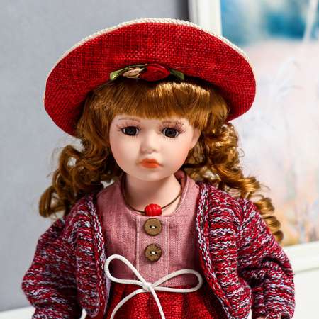 Кукла коллекционная Зимнее волшебство керамика «Элла в бордовом платье шляпе и с мишкой» 30 см