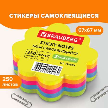 Блок стикеров Brauberg для записей и заметок самоклеящиеся Цветок 250 листов 5 цветов