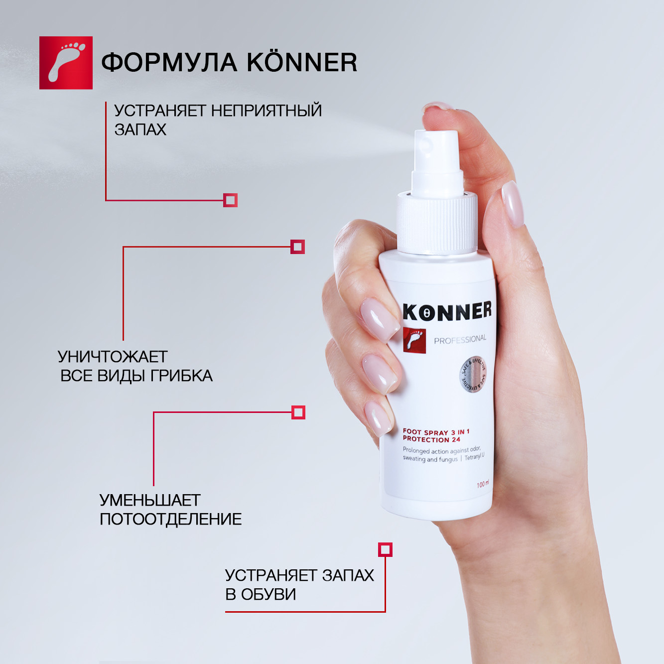 Антисептический спрей KONNER 3 в 1 для ног и обуви от грибка, запаха и потоотделения ЗАЩИТА 24, 100 мл