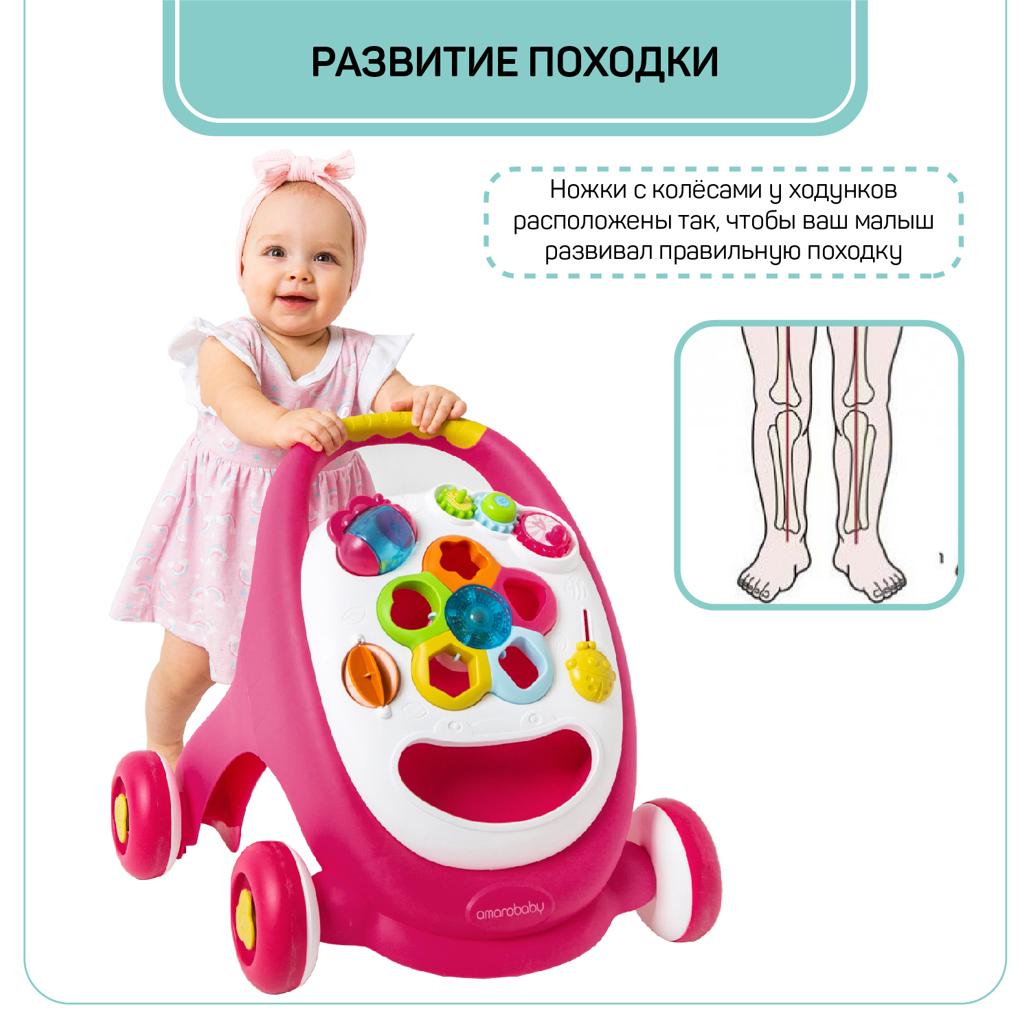 Каталка-ходунки Amarobaby Walking Way 2в1 музыкальная Розовый - фото 8