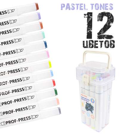 Набор маркеров Prof-Press для скетчинга Пастельные оттенки 12 штук двусторонние МП-6163