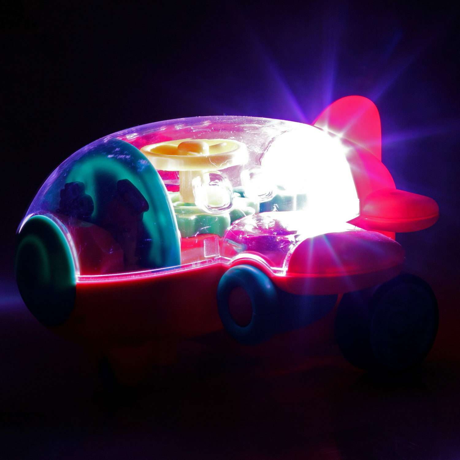 Самолет игрушка для детей 1TOY Движок оранжевый прозрачный с шестеренками светящийся на батарейках - фото 4
