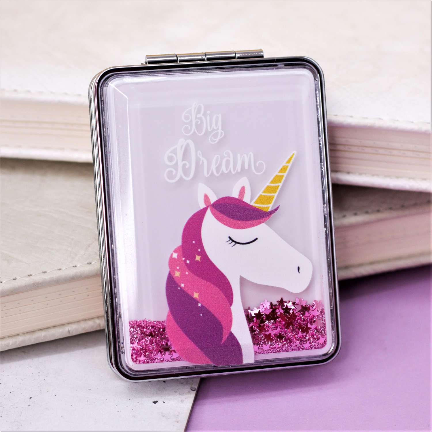 Зеркало карманное iLikeGift Sparkles unicorn pink с увеличением - фото 1