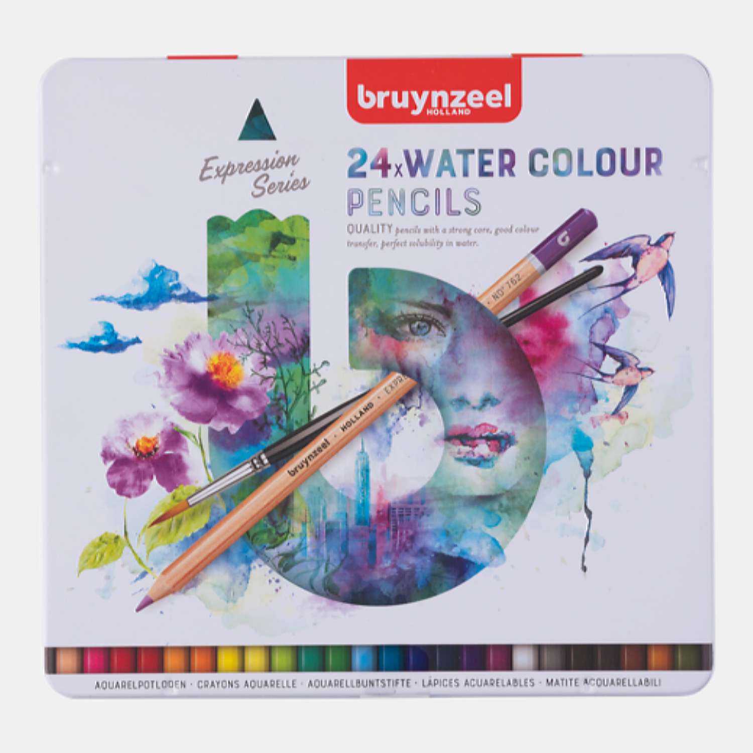 Набор акварельных карандашей BRUYNZEEL Expression Aquarel 24 цвета и кисть в металлическом коробе-пенале - фото 1