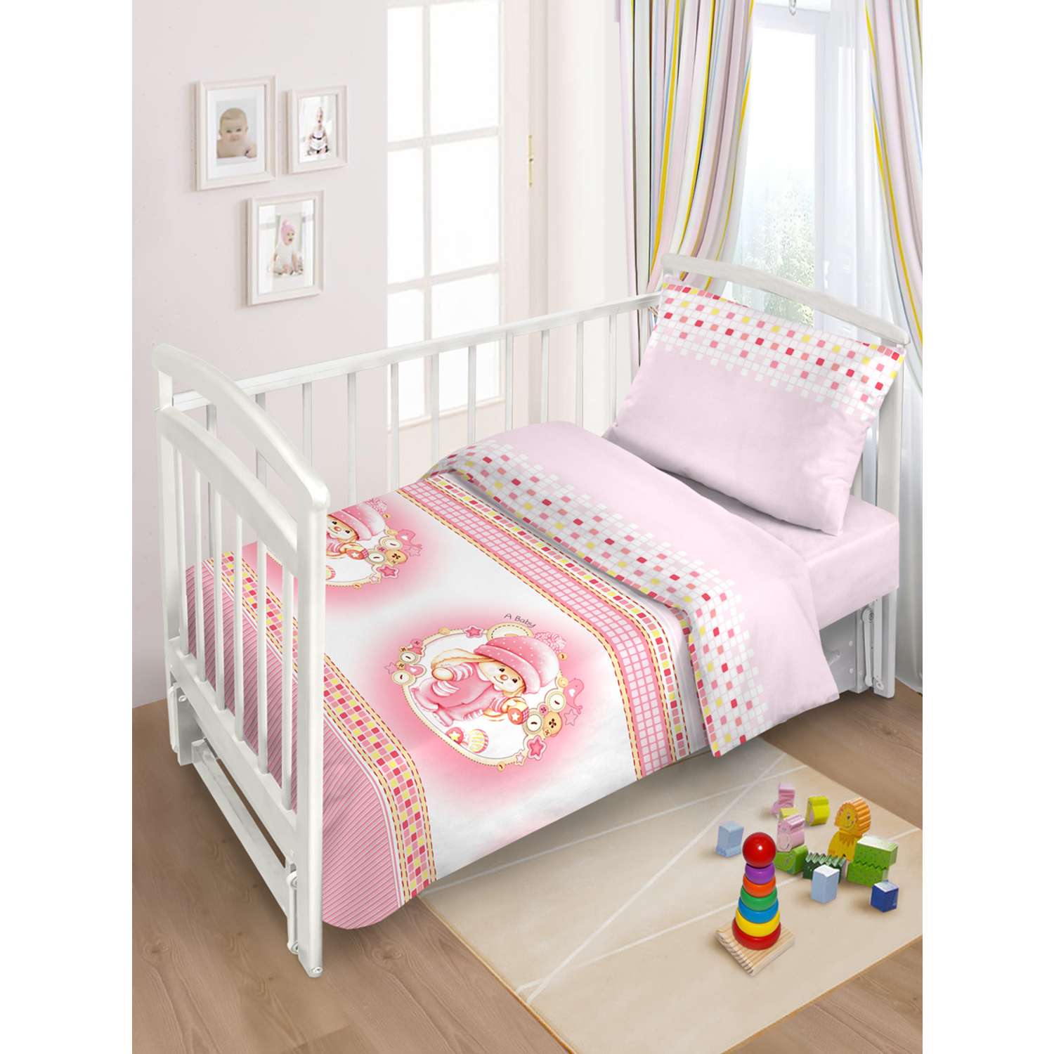 Постельное белье 3 предмета FunEcotex детское в кроватку с простыней на резинке розовый - фото 1