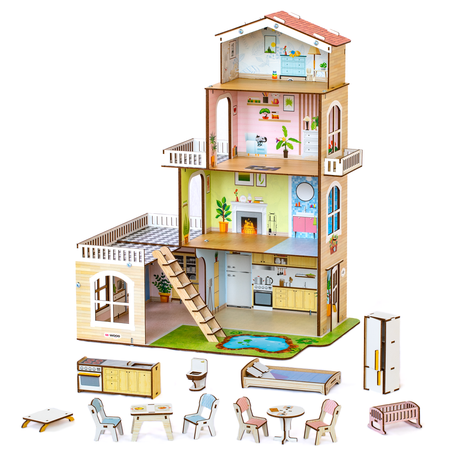 Кукольный домик с мебелью M-WOOD Коттедж с внутренним двориком