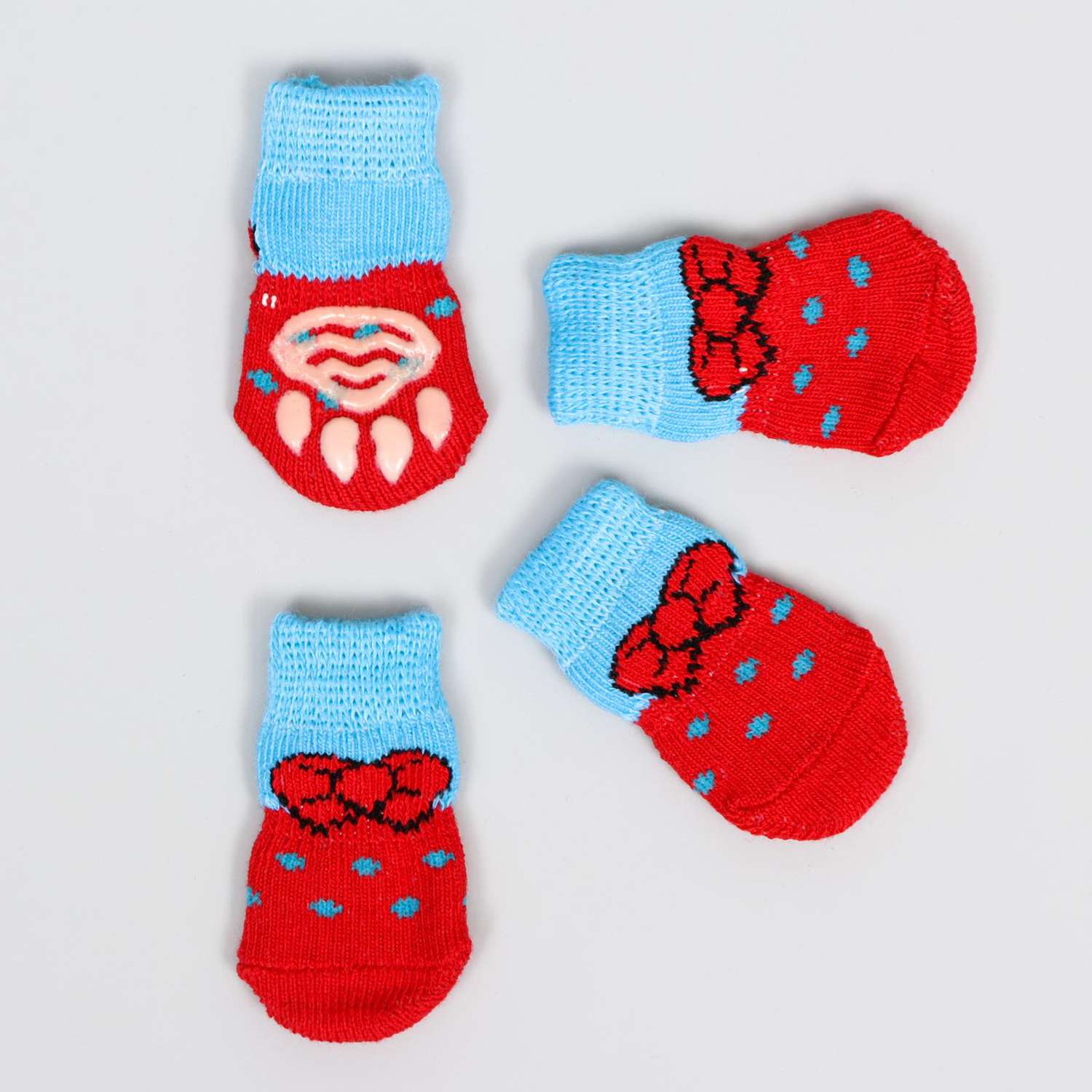 Носки для животных Пижон нескользящие «Бантик» размер S 4 шт красно-голубые - фото 1
