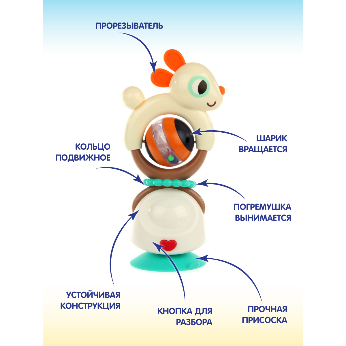 Погремушка Veld Co развивающая игрушка на присоске Зайка 2 в 1 прорезыватель - фото 3