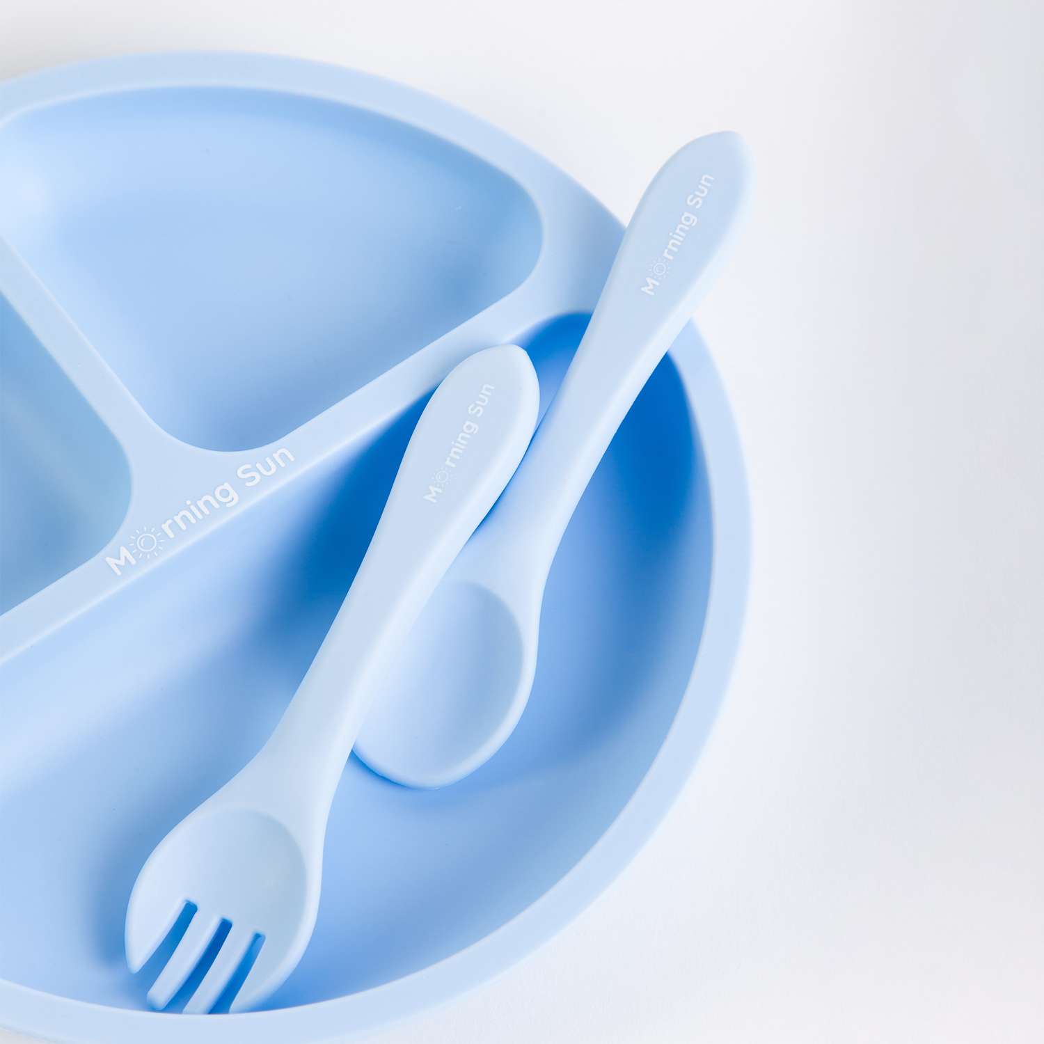 Набор детской посуды Morning Sun силиконовый секционная тарелка ложка вилка голубой - фото 2