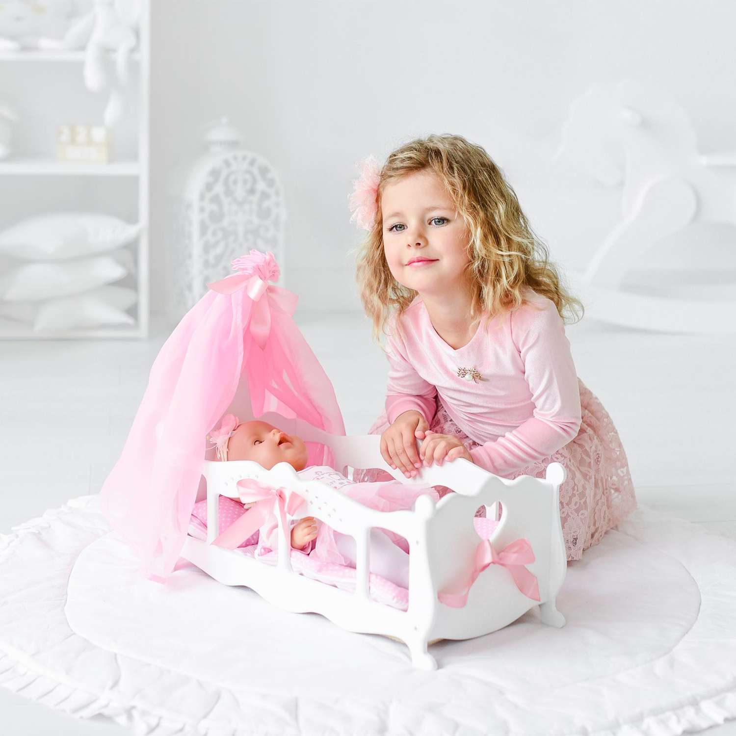 Кроватка Лесная мастерская для кукол с постельным бельем и балдахином коллекция «Diamond princess» белый 5216845 - фото 2