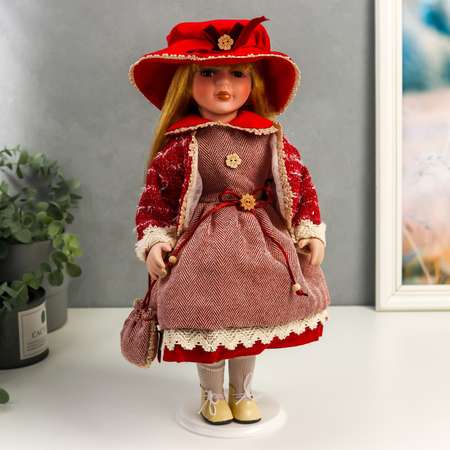 Кукла коллекционная Зимнее волшебство керамика «Машенька в коралловом платье и бордовом жакете» 40 см