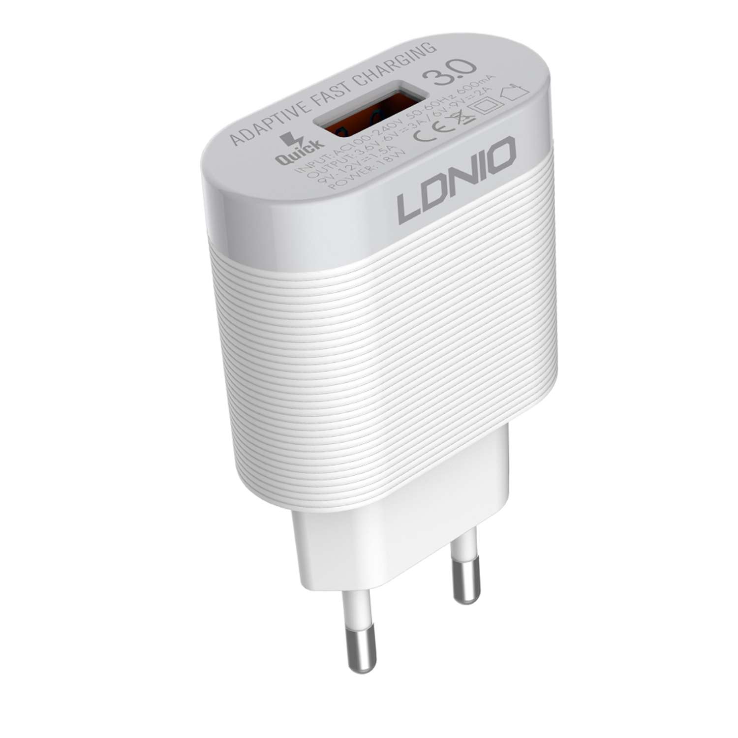 Сетевое зарядное устройство LDNIO A303Q + кабель Type-C QC 3.0 1× USB Auto-ID 5-12V 18W / белый - фото 3