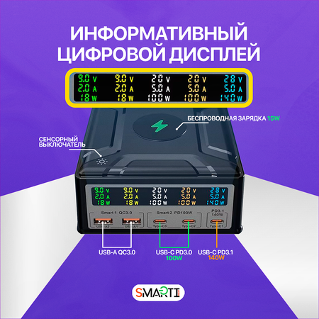 Зарядное устройство SmartiNext 260 Вт с беспроводной зарядкой черный