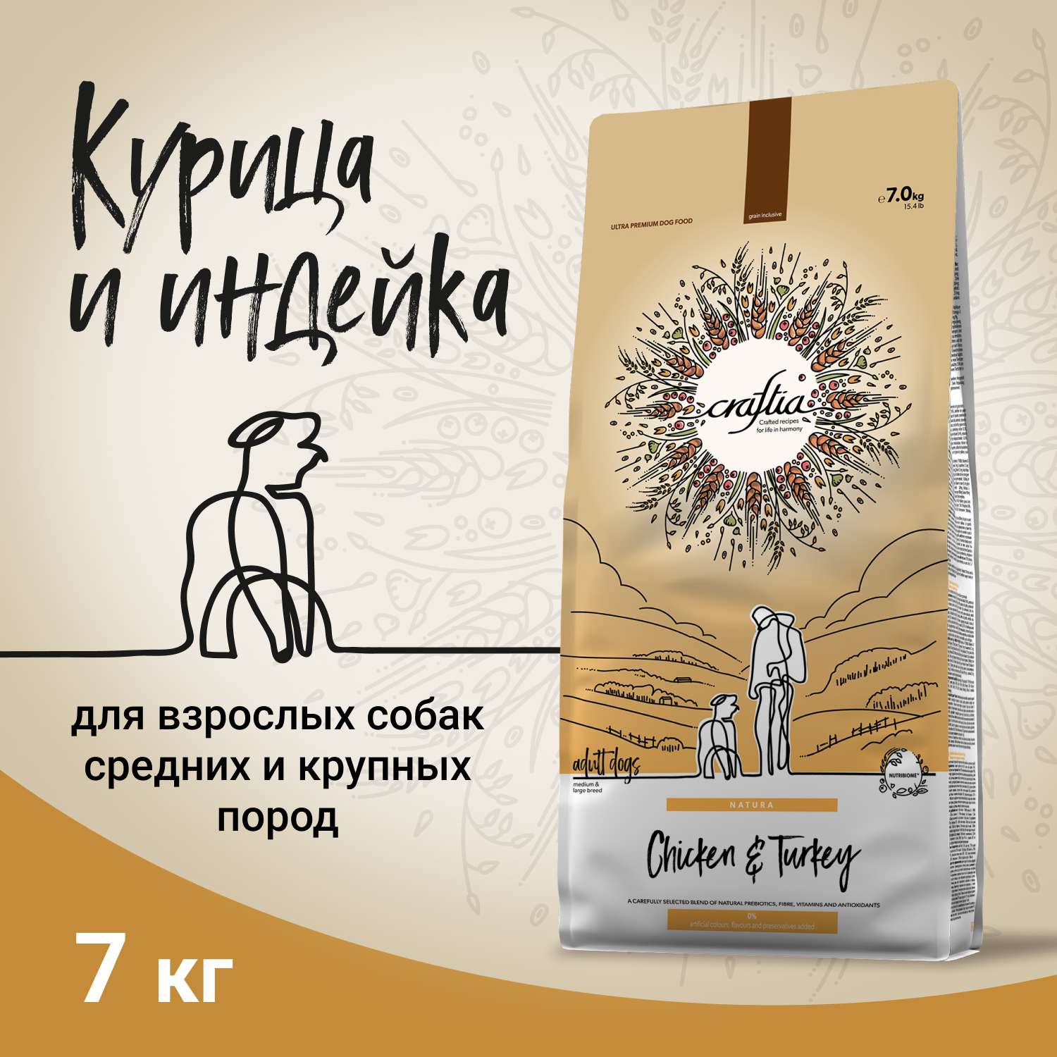 Корм для собак Craftia Natura 7кг взрослых средних и крупных пород из курицы и индейки сухой - фото 2