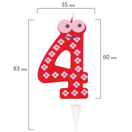 Свеча для торта Золотая сказка цифра 4 С глазками 6 см с держателем в блистере
