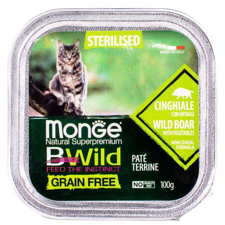 Корм для кошек MONGE BWild Grain free стерилизованных из кабана с овощами консервированный 100г