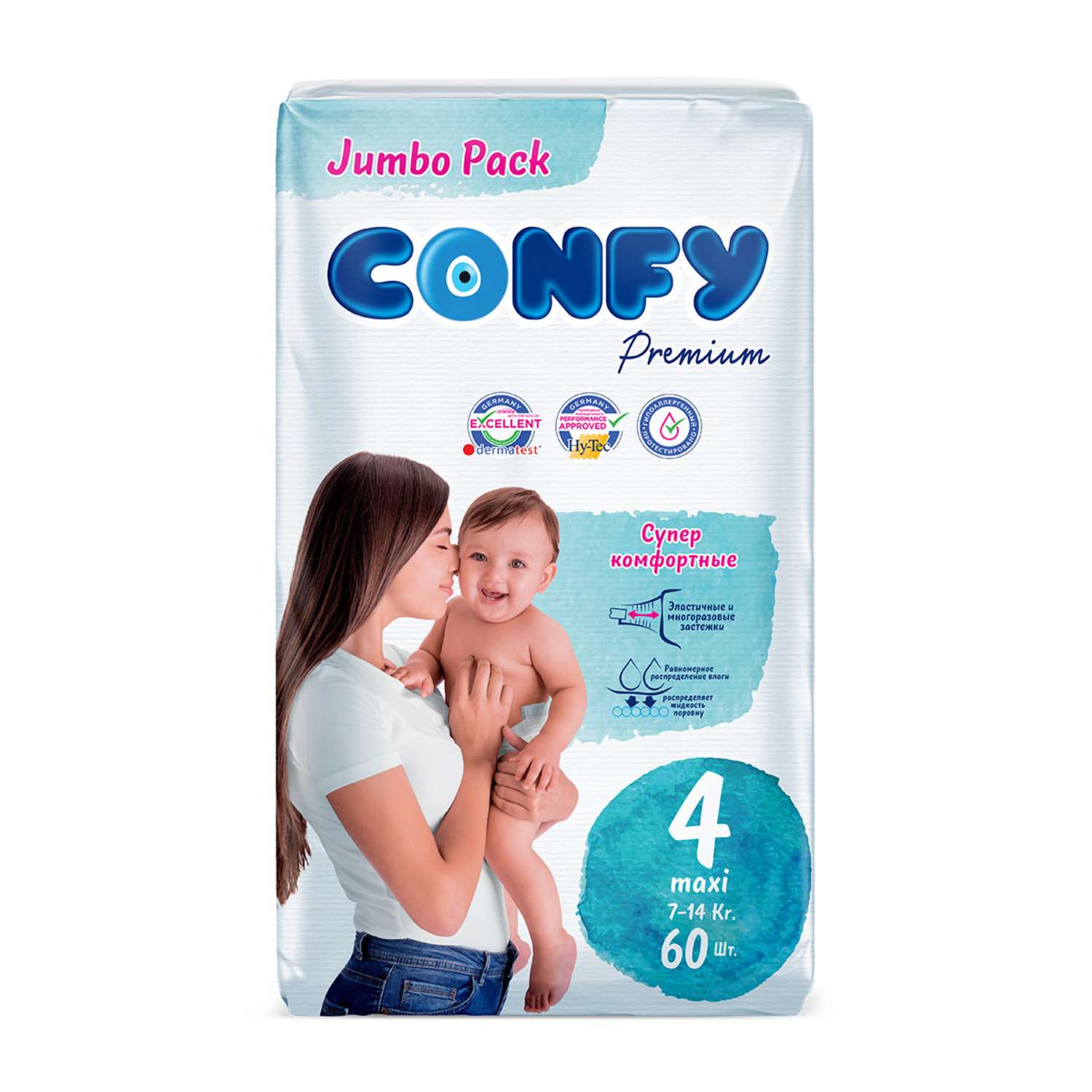 Подгузники детские CONFY Premium Maxi размер 4 7-14 кг Jumbo упаковка 60 шт CONFY - фото 1
