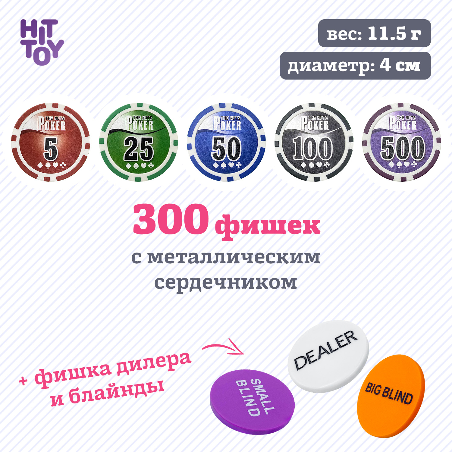 Покерный набор HitToy Nuts 300 фишек с номиналом в чемодане - фото 3