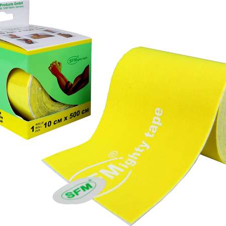 Кинезиотейп SFM Hospital Products Plaster на хлопковой основе 10х500 см желтого цвета в диспенсере с логотипом