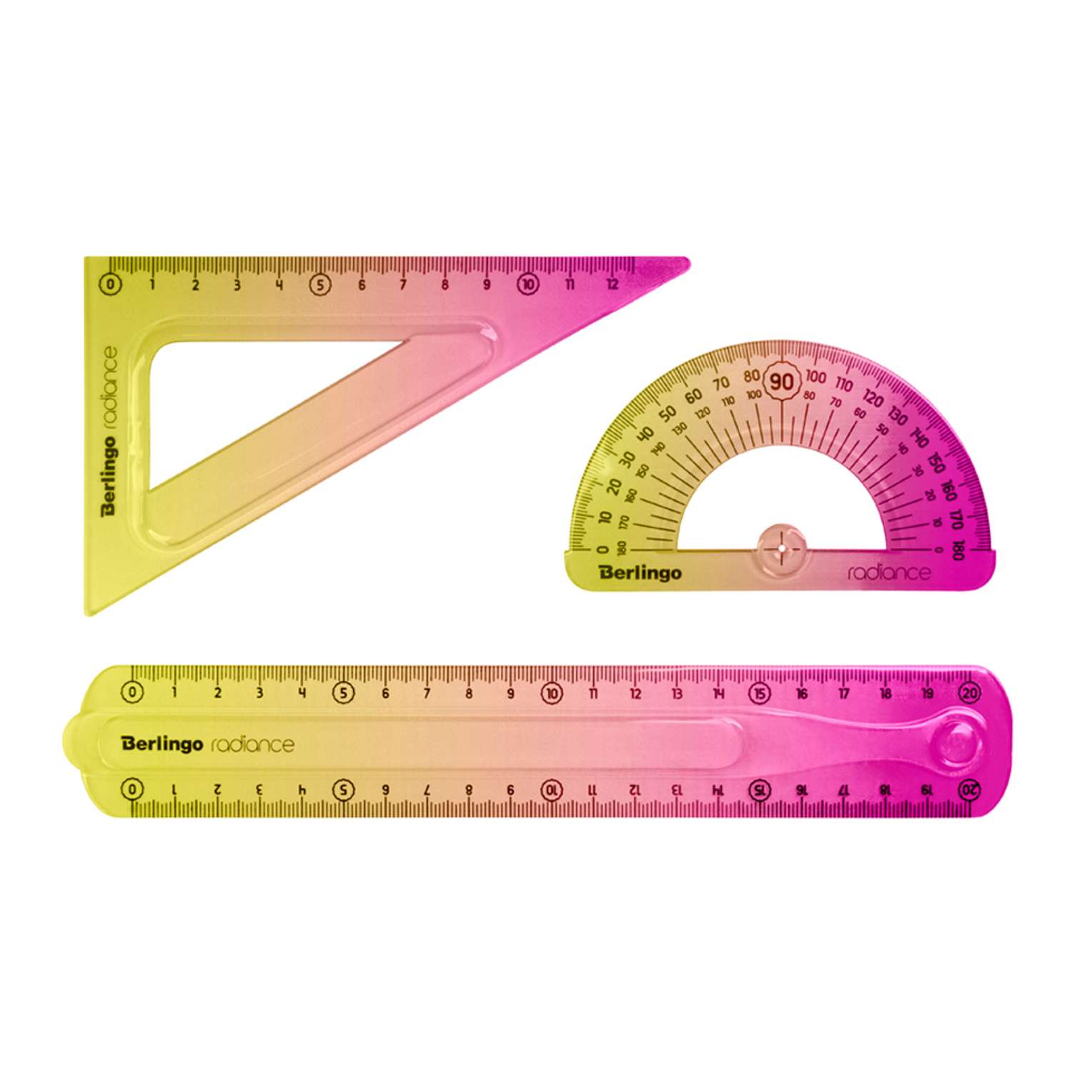 Набор чертежный средний Berlingo Radiance треугольник 14см линейка 20см транспортир гибкий желтый розовый градиент - фото 1