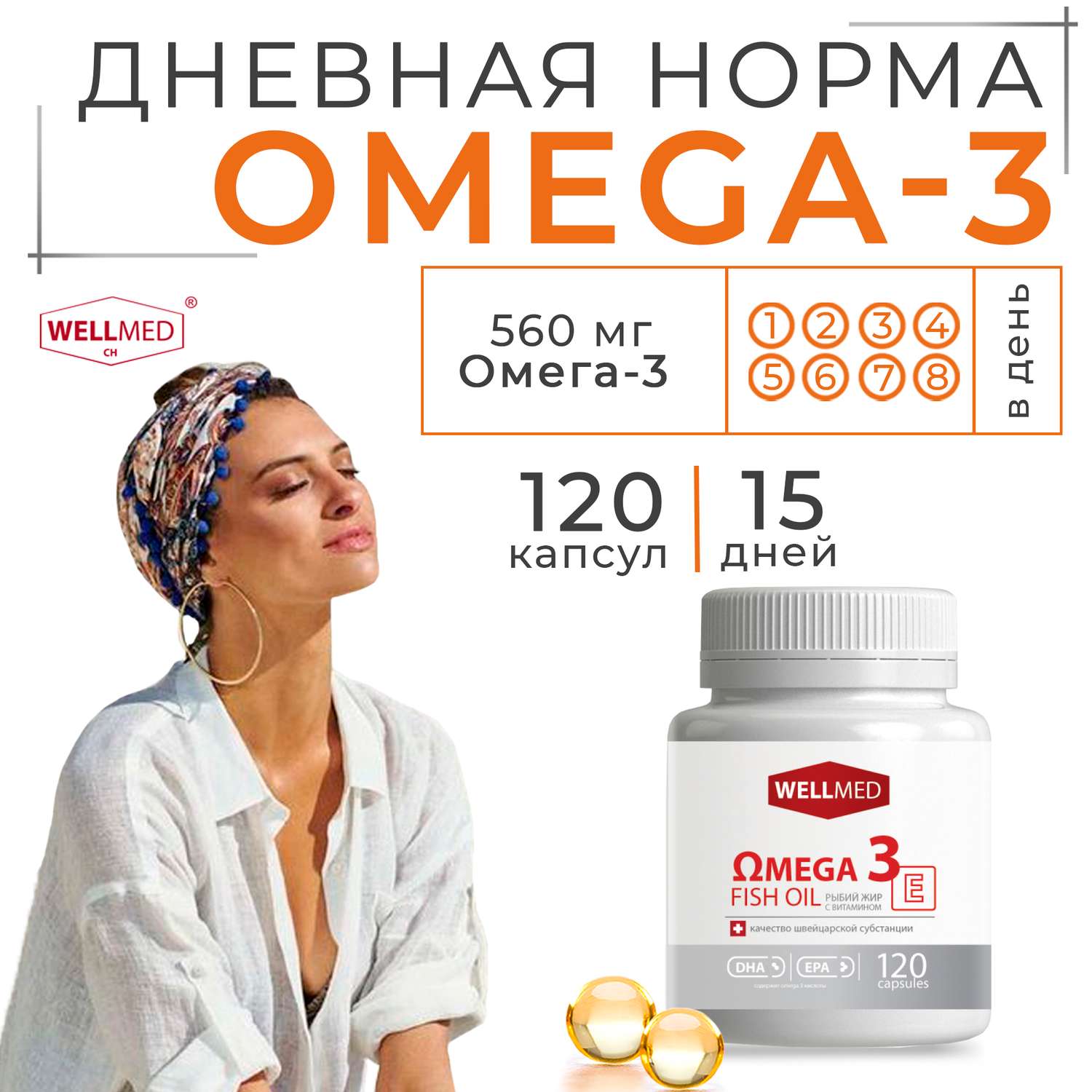 Концентрат Omega 3 для женщин WELLMED Рыбий жир с витамином E 120 капсул Fish oil - фото 3