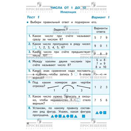 Пособия Просвещение Математика Тесты 1 класс