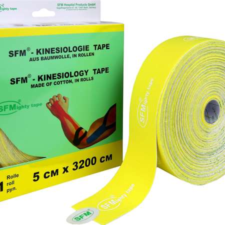 Кинезиотейп SFM Hospital Products Plaster на хлопковой основе 5х3200 см желтого цвета в диспенсере с логотипом