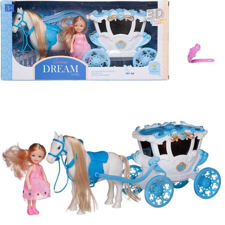 Игровой набор Junfa Лошадка белая с голубым карета и куколка