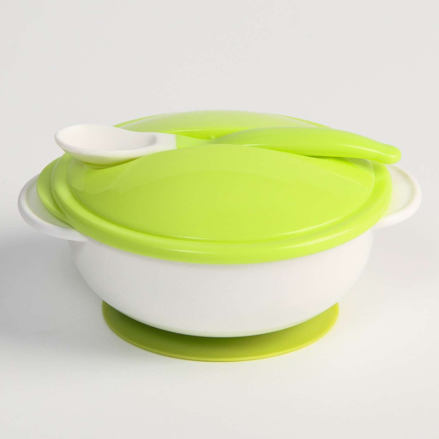 Набор детской посуды Крошка Я на присоске 400 мл с крышкой ложка цвет белый/зеленый - фото 1