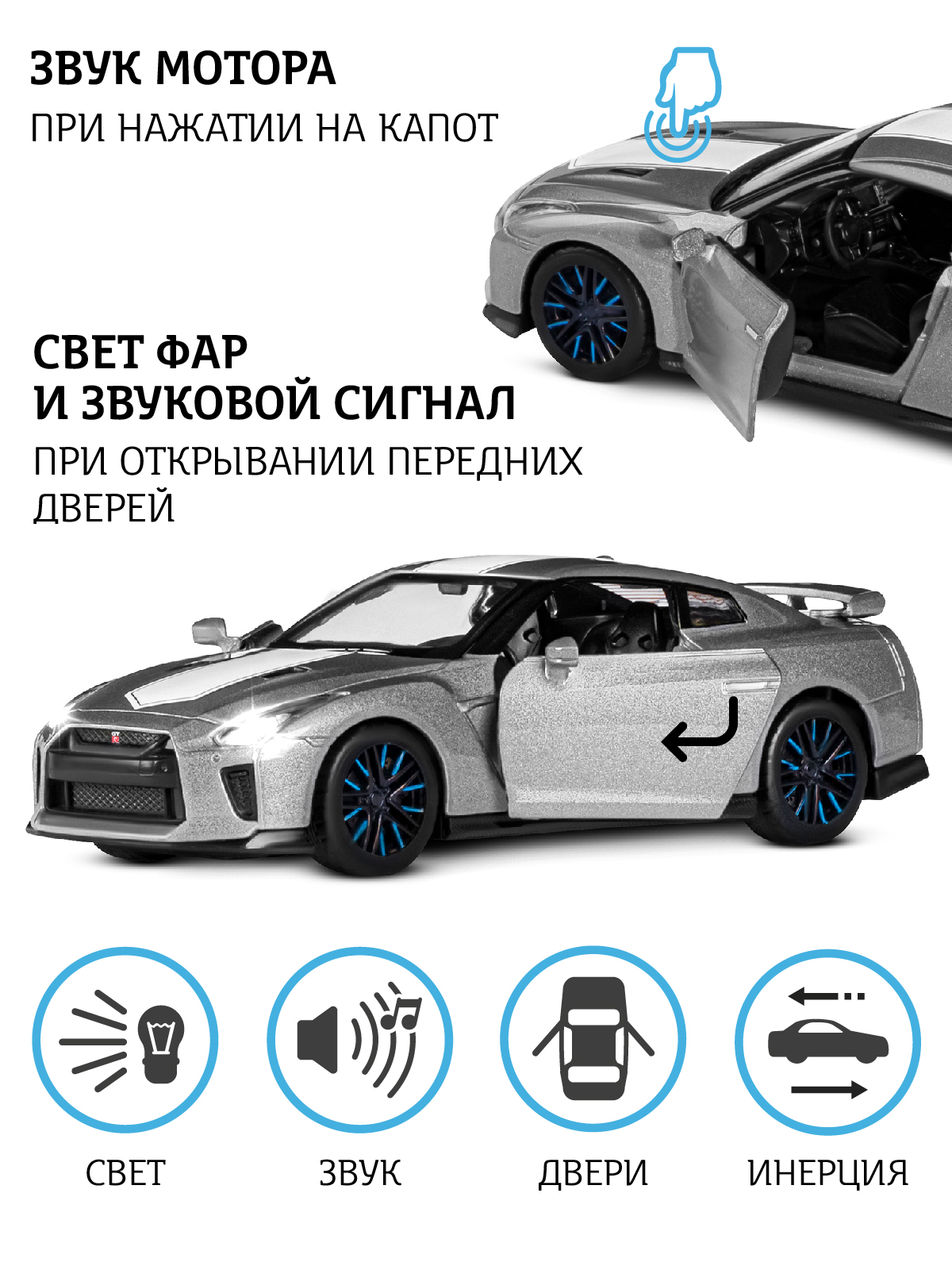 Автомобиль АВТОпанорама Nissan GT R R35 1:32 серый JB1251546 - фото 2