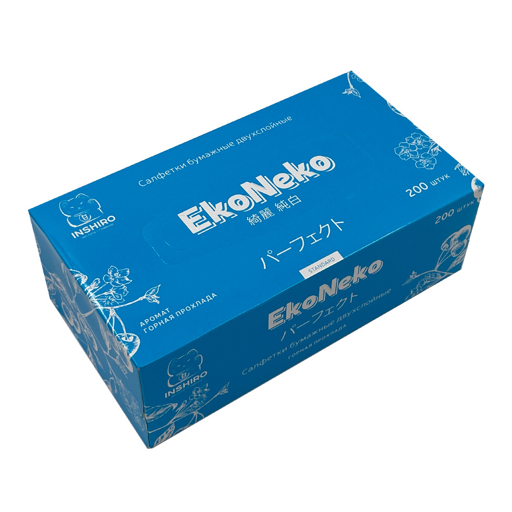 Бумажные салфетки Inshiro в коробке EkoNeko с ароматом Горной прохлады 2 слоя 200 шт - фото 1
