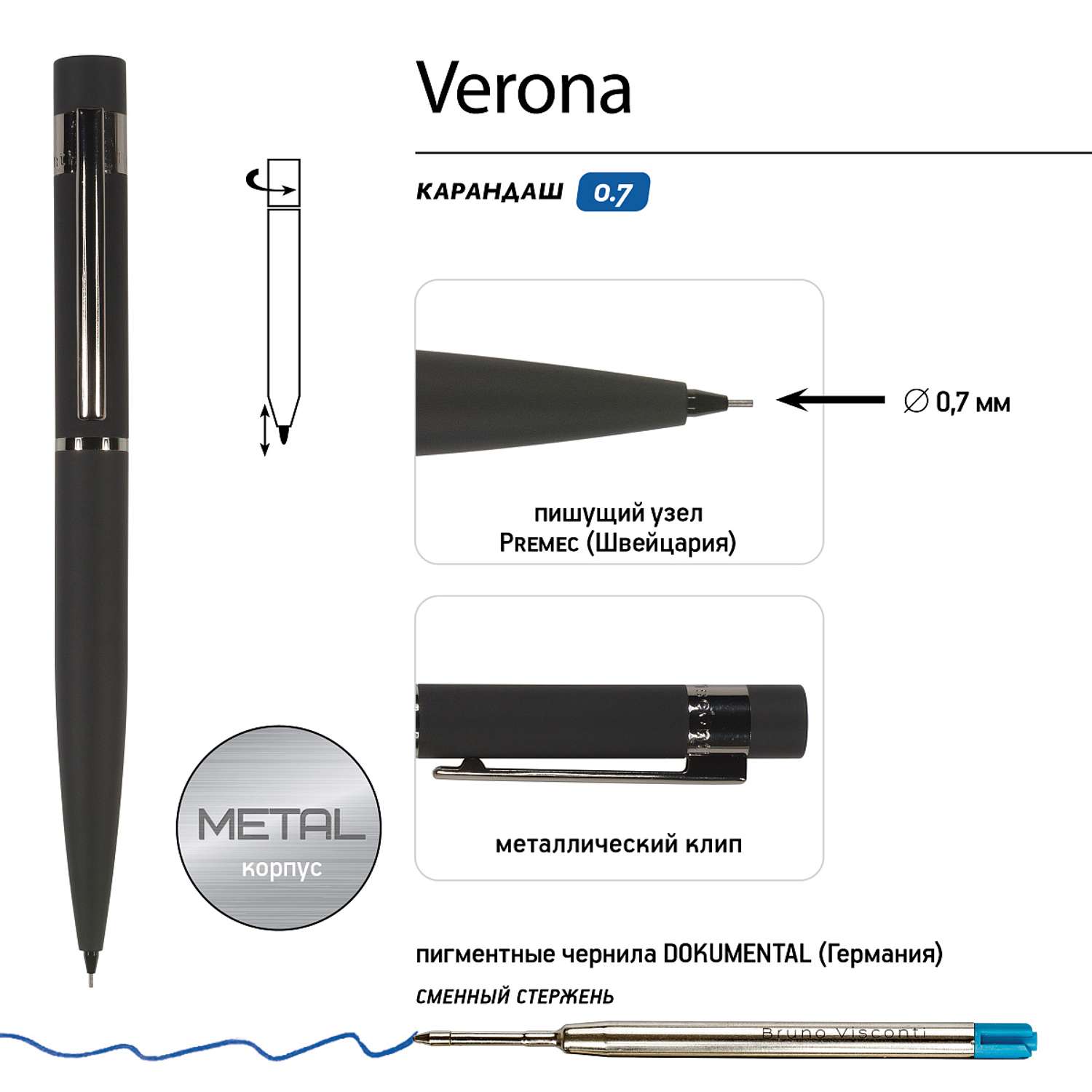 Ручка шариковая и карандаш Bruno Visconti Автоматическая VERONA цвет корпуса черный 1 мм синий в черном футляре - фото 6